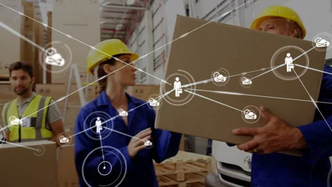 Vertical video: Clerk noting, worker scanning barcode at dock, overlay linking Stock Footage 331062918