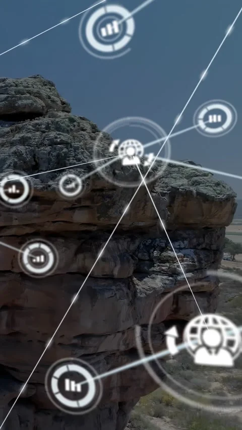 Vertical video: Cliff holding plain, HUD node appearing in sky and spawning data 스톡 동영상 330542707