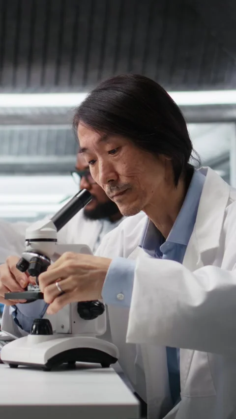 Vertical video Clinical microbiologist examining microscope glass slide in Stock Footage 319718108