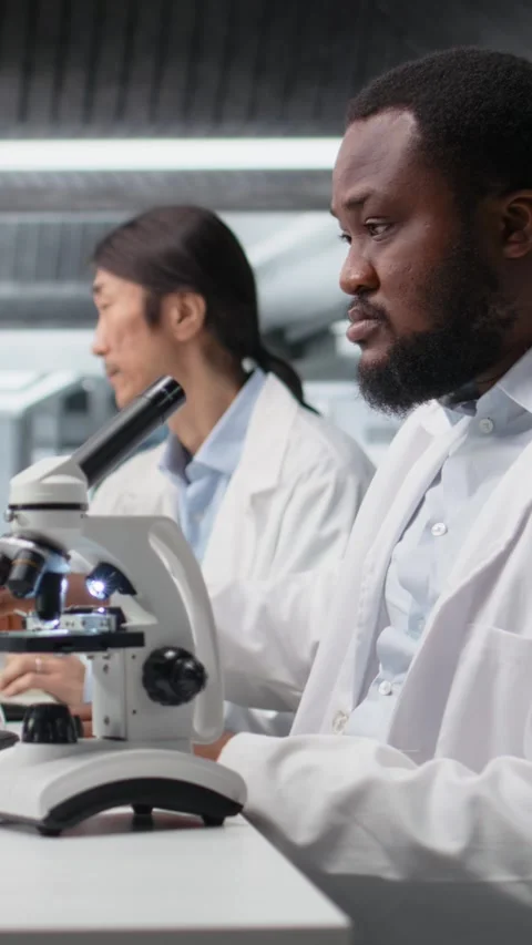 Vertical video Clinical microbiologist in lab using microscope for pathology Stock Footage 319720298