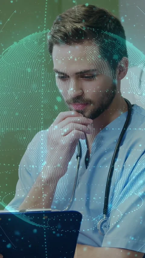 Vertical video: Clinician tapping tablet, reviewing patient data, teal holo Stock Footage 330430367