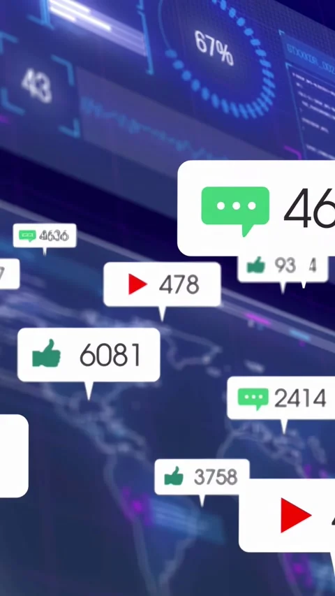 Vertical video: Clip playing, bubbles growing over map, gauges updating, showing Stock Footage 332845683
