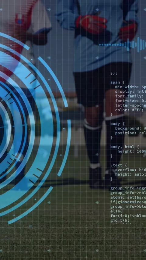 Vertical video: Clip playing, soccer duo closing on camera over pitch, HUD code Stock Footage 333821523