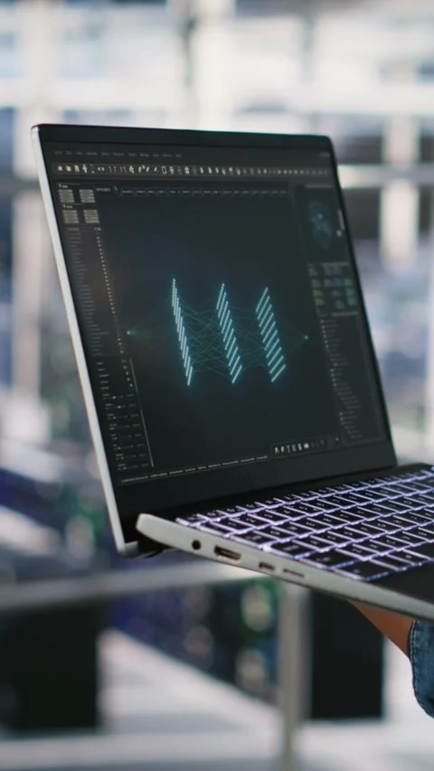 Vertical video Close up of admin using laptop to monitor neural network LLM Video stock 310779675