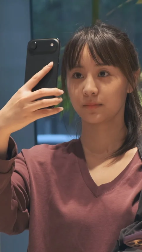 Vertical video: Close up, Apple Store customer Asian woman tests camera iPhone Stock Footage 322516010