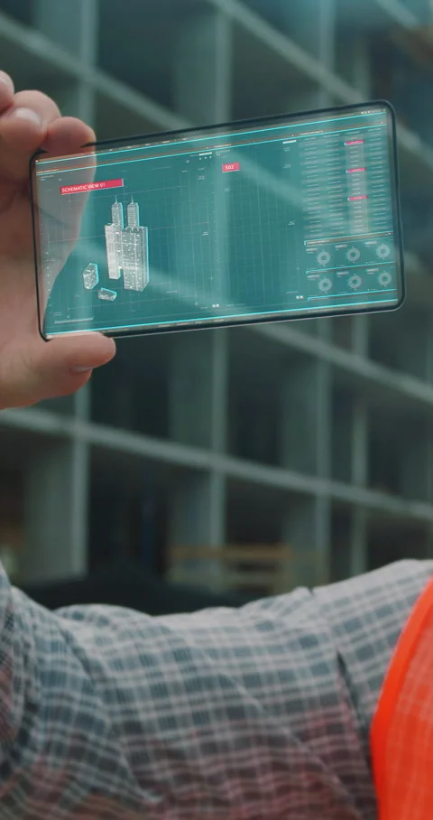 Vertical video. Close up Architect or Engineer using smartphone transparent Stock Footage 345504603