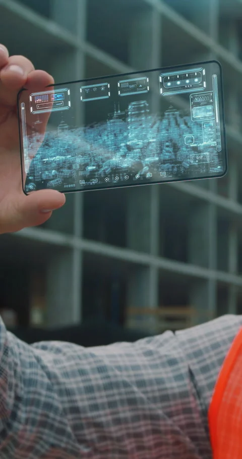 Vertical video. Close up Architect or Engineer using smartphone Stock Footage 345504619