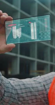 Vertical video. Close up Architect or Engineer using smartphone transparent h Stock Photos