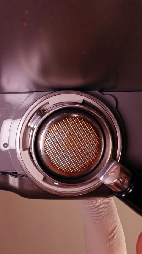 Vertical video. Close Up Bottom View Of Espresso Machine Group Head With Coffee 스톡 동영상 328313269