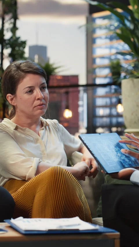 Vertical video Close up of businesspeople using neural network AI interface on Stock Footage 345166749