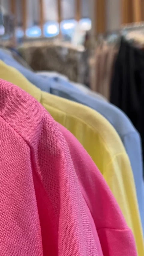 Vertical video close up. Colorful clothes in clothing store interior Stock Footage 312513151