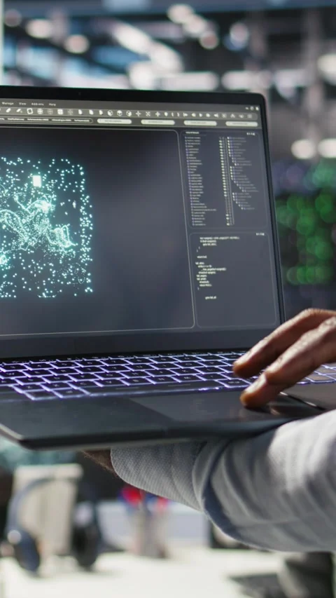 Vertical video Close up of data center admin using machine learning algorithms Stock-Footage 308755675