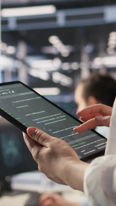 Vertical video Close up of data center system administrator coding on tablet Stock Footage 309252042