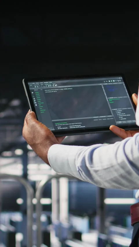 Vertical video Close up of data center programmer looking at code debugging Stock Footage 310771618