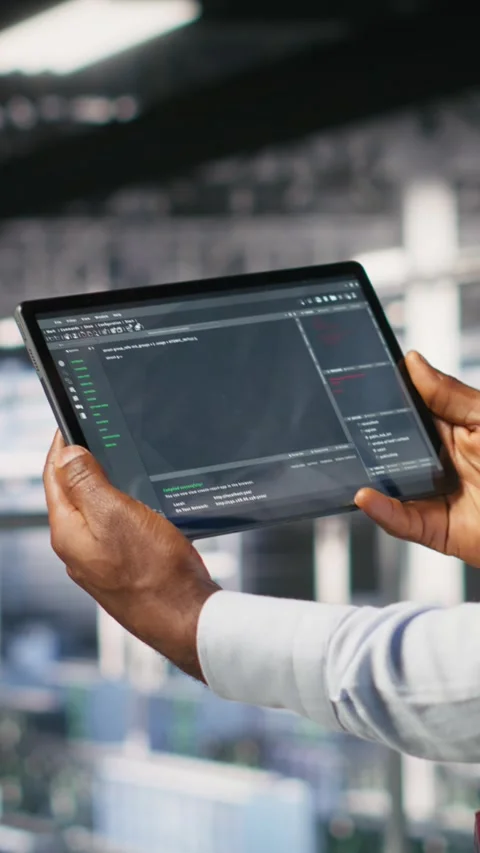 Vertical video Close up of data center programmer looking at code debugging Video stock 310772306