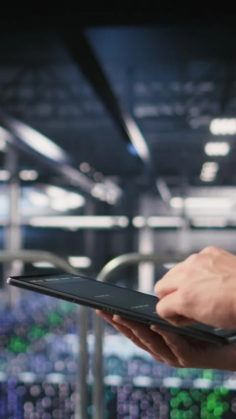 Vertical video Close up of data center software developer doing maintenance Stock Footage 310777353