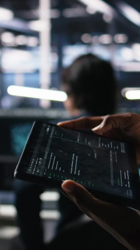 Vertical video Close up of data center engineer using tablet to review code 動画素材 313457073