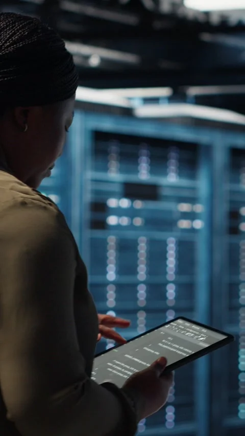 Vertical video Close up of data center programmer doing data analysis on tablet Stock-Footage 317055900