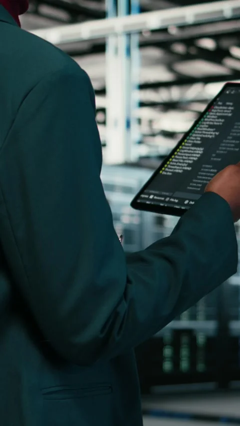 Vertical video Close up of data center programmer using tablet app to write code Stock Footage 329650140