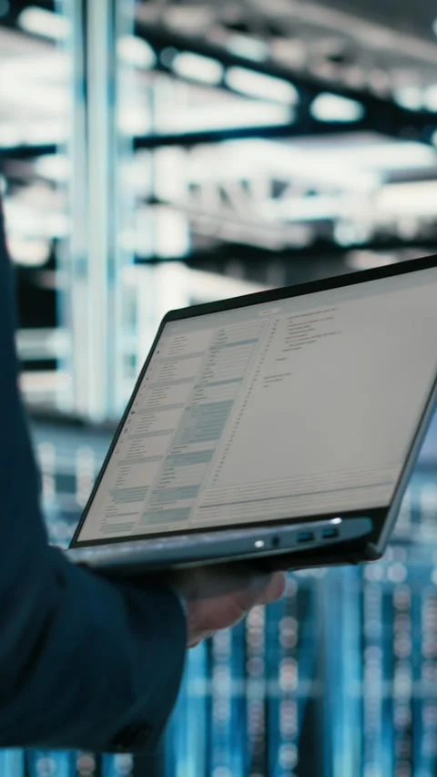 Vertical video Close up of data center engineer using laptop to code Stock Footage 329713551