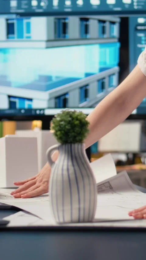 Vertical Video Close up of developer does city planning session with blueprints 스톡 동영상 316342868