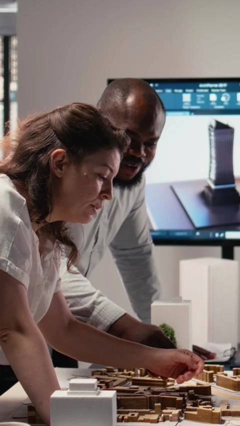 Vertical Video Close up of developers arranging 3D models to explore residential Stock Footage 316341587