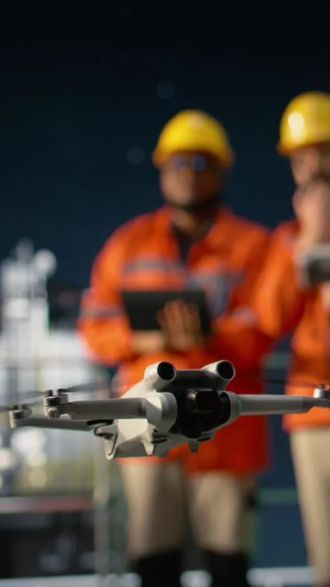 Vertical video Close up of drone used by drilling rig crew to find new petrol Stock Footage 339887333