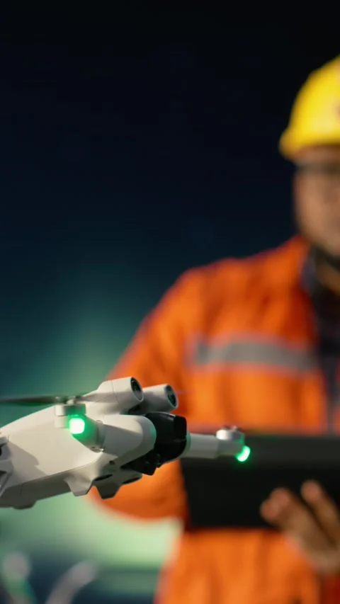 Vertical video Close up of drone used by men on offshore platform dodging Stock Footage 339889872