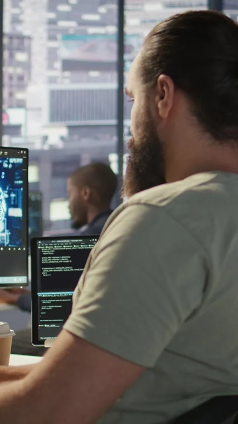 Vertical video Close up of employee working with AI deep neural networks Stock Footage 319472133