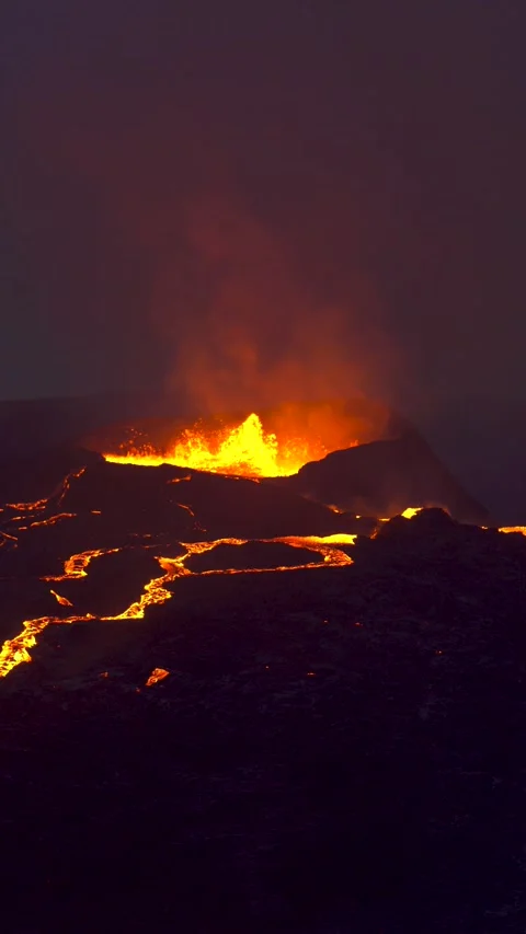 Vertical Video - Close Up Erupting Volcano At Sunset Iceland Fagradalsfjall Stock Footage 258491064