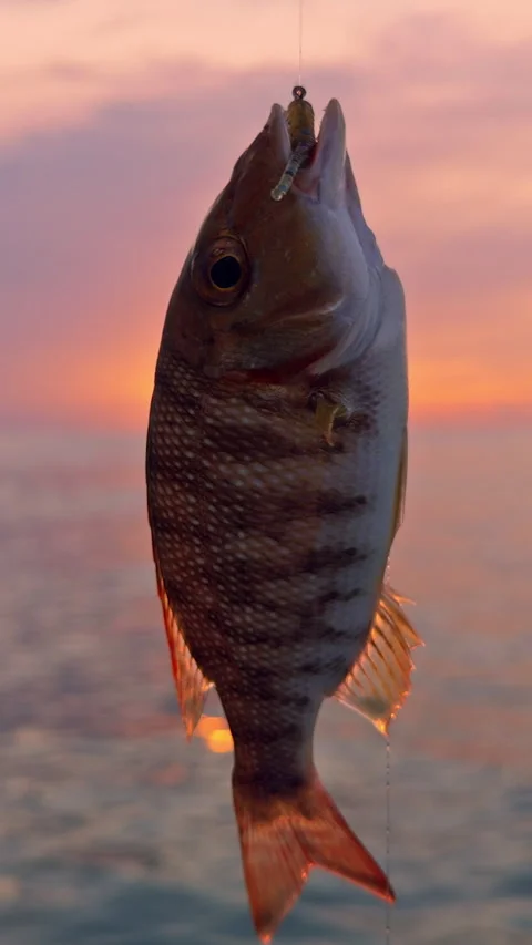 Vertical video. Close Up Of Fresh Fish Hanging On Hook Against Sunset Sea Backgr Stock Footage 334328206