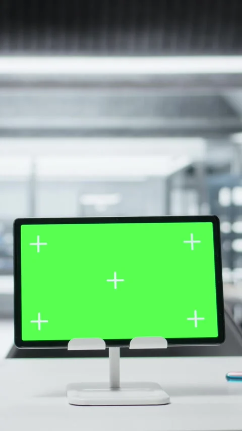 Vertical video Close up of green screen tablet on workbench in empty hospital Stock Footage 326830031