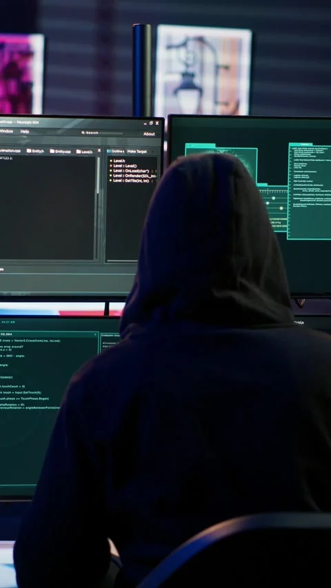 Vertical video Close up of hacker running code in apartment on PC monitors Stock Footage 275621364