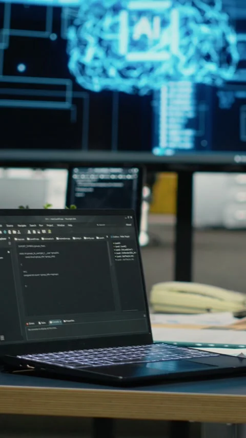 Vertical video Close up of laptop in empty office used to accelerate AI Video stock 323142086