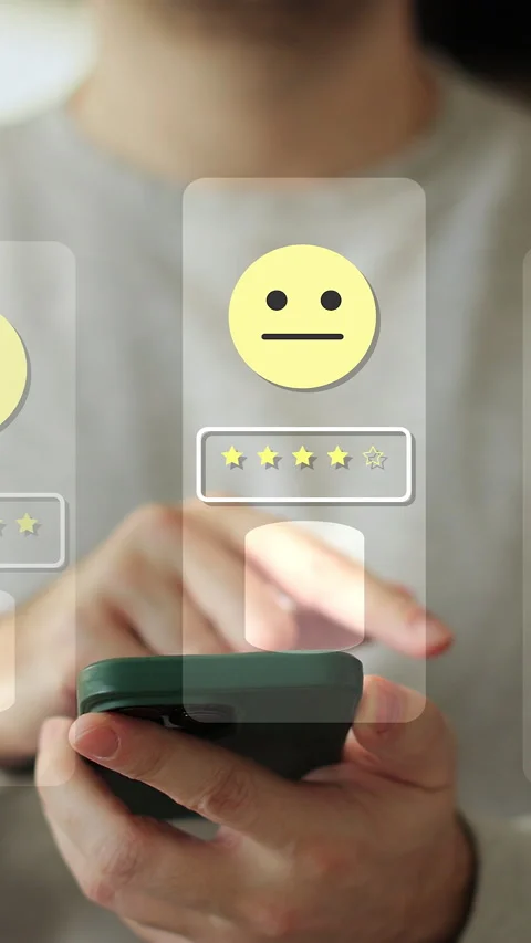 Vertical video Close-up of man hands using smartphone, rating of the quality 库存影片 337234877