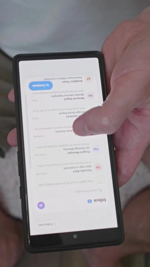 Vertical video. Close up of man hands scrolling through email inbox interface on Stock Footage 341860851