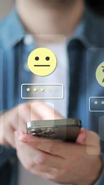 Vertical video Close-up of man hands using smartphone, rating of the qualit.. Stock Photos