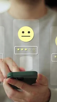 Vertical video Close-up of man hands using smartphone, rating of the qualit.. Stock Photos