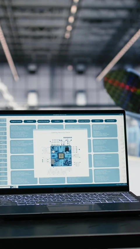 Vertical video Close up of microchip designing application on laptop used by Stock Footage 333614694