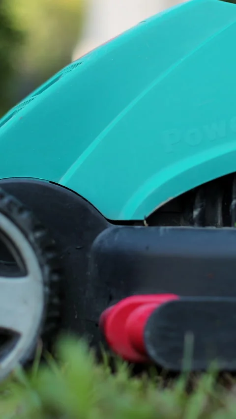 Vertical video Close-up mowing grass with lawn mower. Video stock 339062121