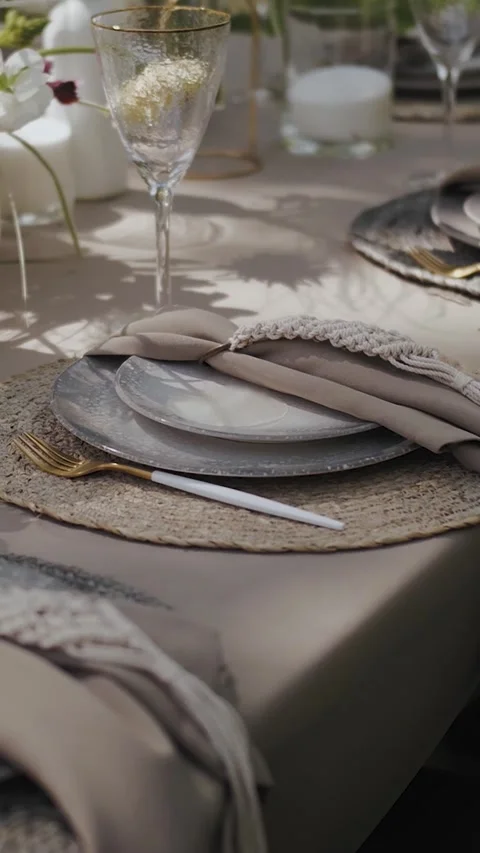 Vertical video. Close-up of a plate on a table, camera moves smoothly. Outdoor Stock Footage 308639408