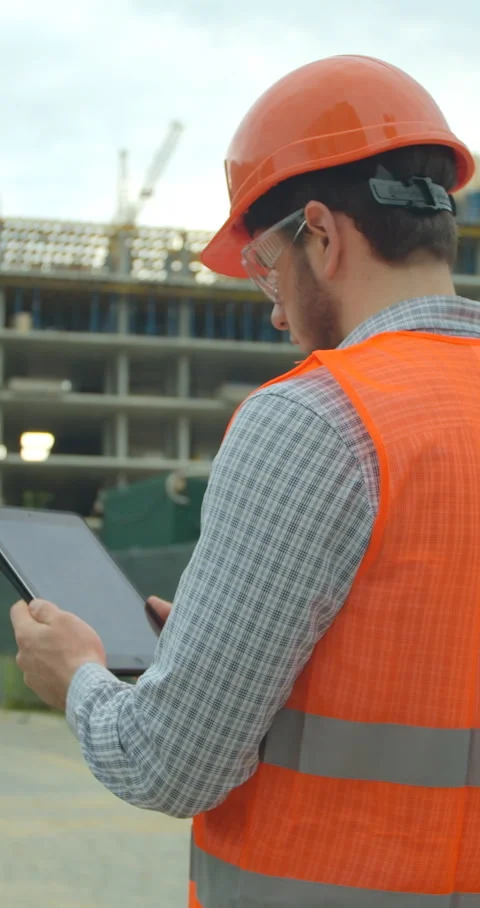 Vertical video. Close-up portrait of engineer with gadget on background Stock Footage 345503817