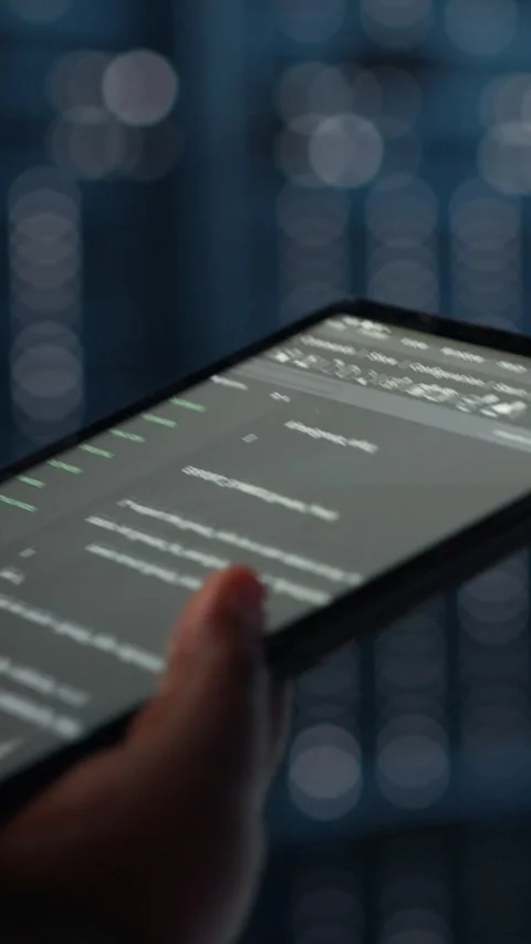 Vertical video Close up of programmer in data center using tablet Stock-Footage 316863041