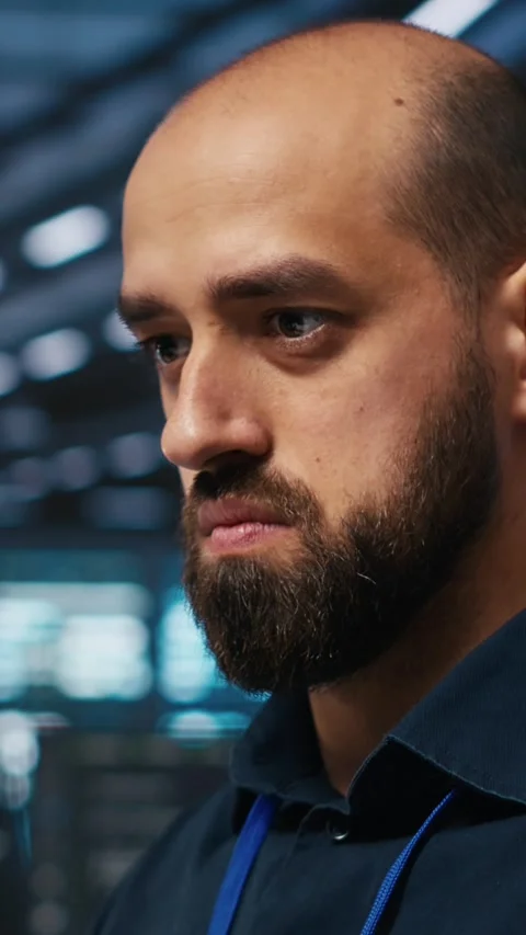 Vertical video Close up on programmer in server farm safeguarding data Stock Footage 274679410