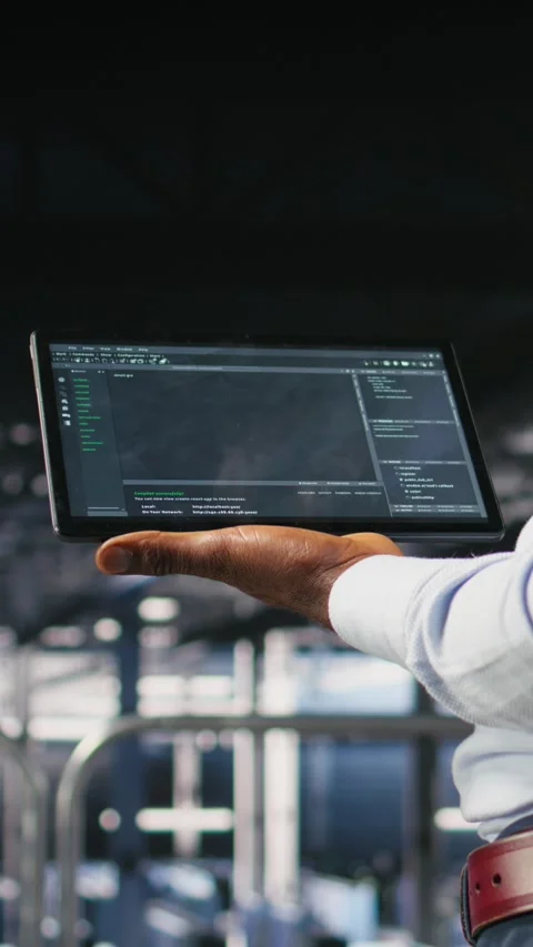 Vertical video Close up of programmer swiping on tablet display in data center Stock-Footage 310780704