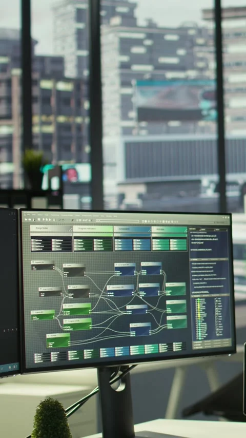 Vertical video Close up of programming code on computer monitors in company Stock Footage 319491236