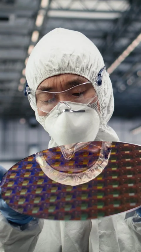 Vertical video Close up of researcher holding processed silicon wafer Stock Footage 333615134