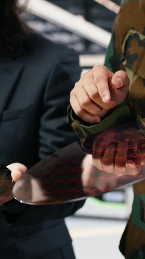Vertical video Close up of silicon wafer used by government to upgrade national Stock Footage 333615327