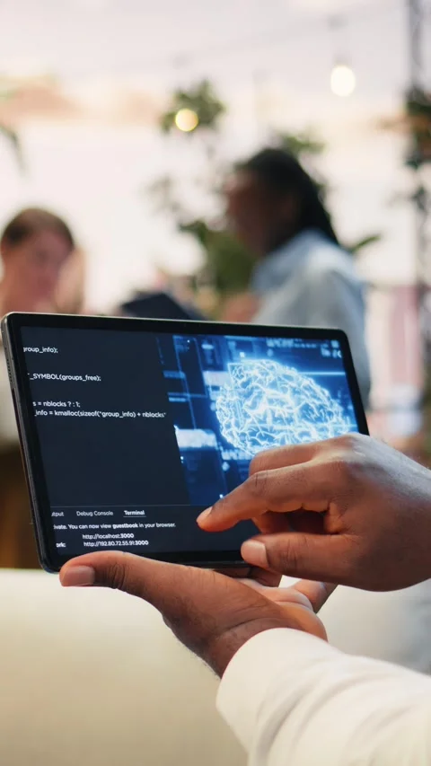 Vertical video Close up of tablet displaying AI brain during rooftop business 스톡 동영상 345167026