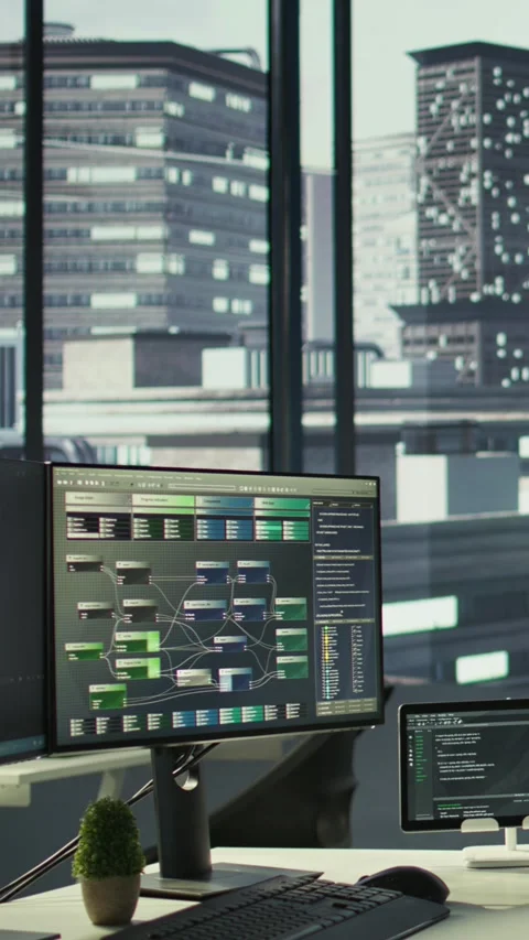 Vertical video Close up of tablet left open on desk with programming language Stock Footage 319468293